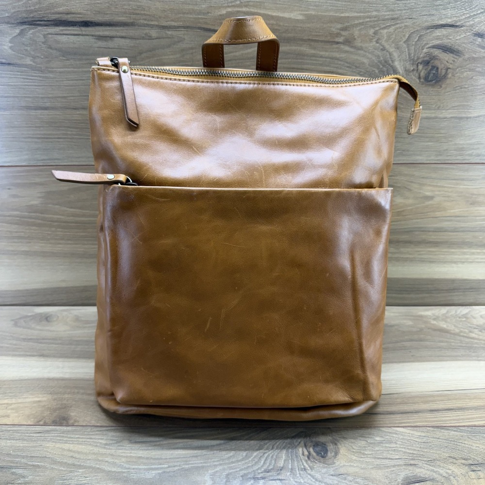 Andar Cognac Medium Zip Backpack Travel Genuine Leather Everyday Minimalist